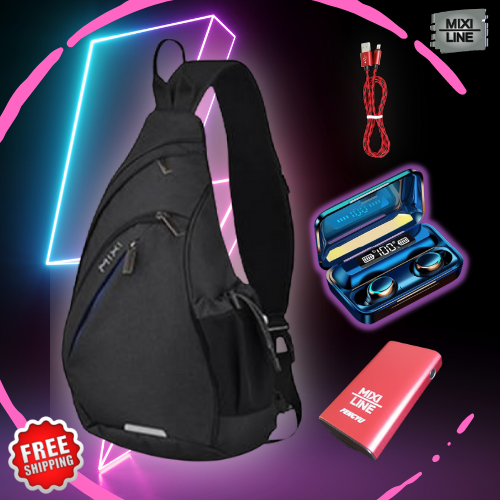 Black Sling Backpack & Wireless Earbuds Bundle